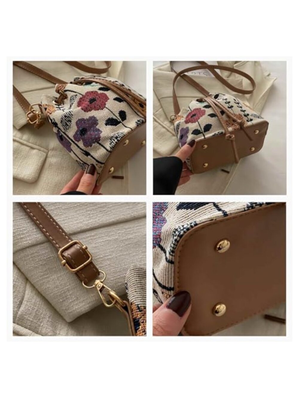 Mini Floral Embroidered Bucket Bag Drawstring Shoulder Purse - Picture 3 of 6
